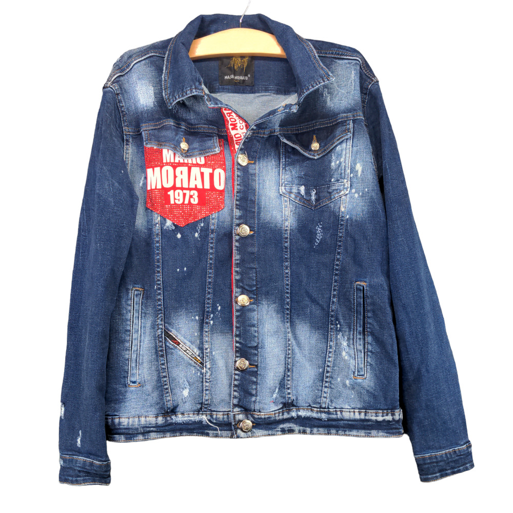 Mario Morato Mens Skinny Fit Denim Jacket Blue Medium Button Distressed